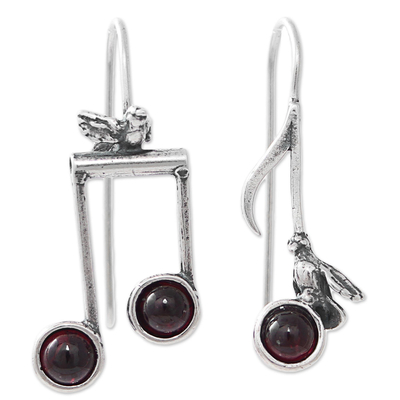 Birds on Musical Notes Sterling Silver Earrings with Garnet