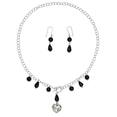 Black Agate Handcrafted Sterling Silver Heart Jewelry Set