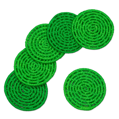 6 Artisan Crafted Round Green Coasters Set from Mexico
