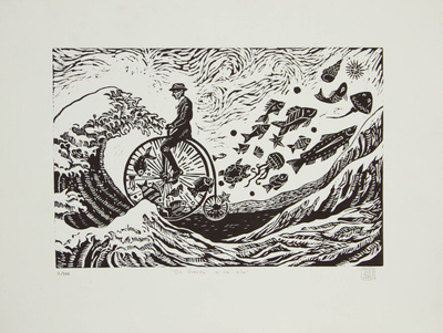 Surreal Man on Bike with Fish Etched Print Limited Edition