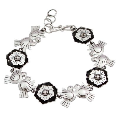 925 Silver Bracelet with Flowers and Lovebirds from Mexico