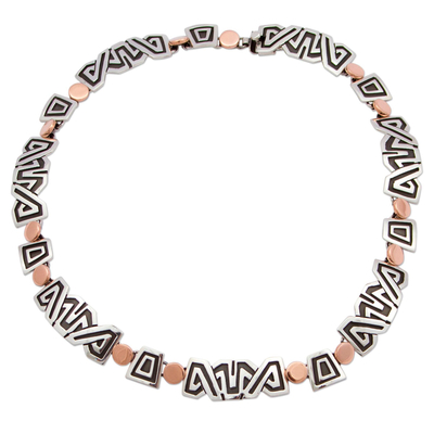 Necklace with 925 Silver Aztec Friezes and Copper Suns