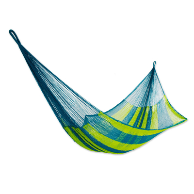 Neon Green and Blue Hand Woven Nylon Maya Hammock (Single)