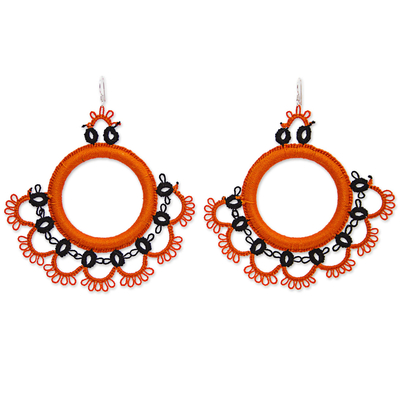 Handcrafted Orange Cotton Dangle Earrings with Fan Motif