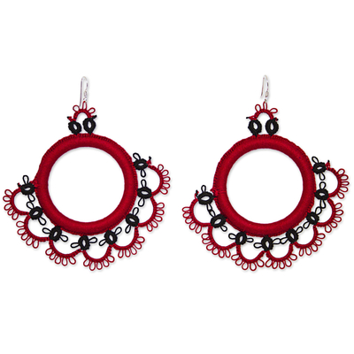 Handcrafted Red Cotton Dangle Earrings with Fan Motif