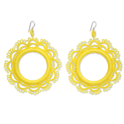 Handcrafted Yellow Cotton Dangle Earrings with Sun Motif