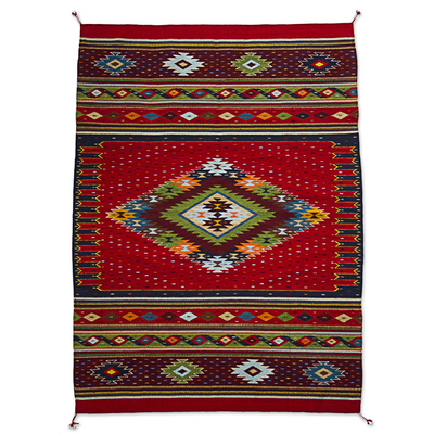 Zapotec Wool Area Rug with Diamond Pattern in Red (4x6)