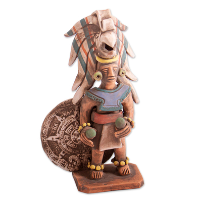Handmade Ceramic Sculpture of Aztec Warrior from Mexico