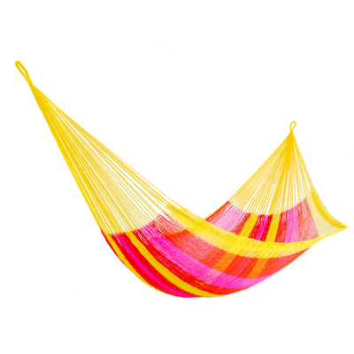 Hand Woven Nylon Pink Yellow Hammock (Double) from Mexico