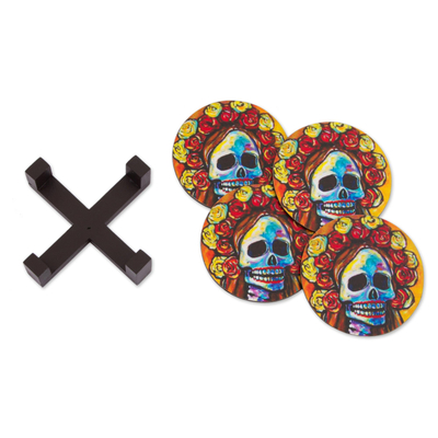 Pinewood Coasters with Base Skull (Set of 4) from Mexico