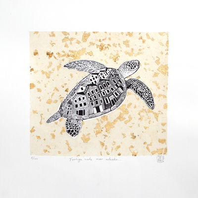 Signed Etched Print of a Sea Turtle from Mexico