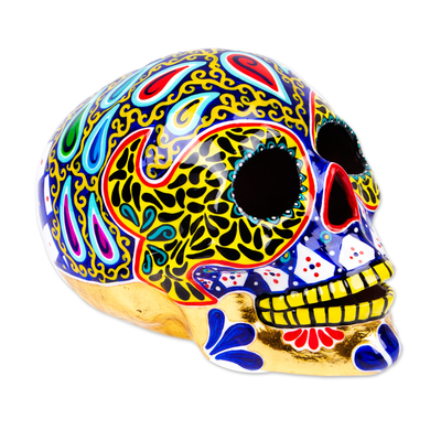 Hand Painted 12k Gold Ceramic Skull Sculpture from Mexico