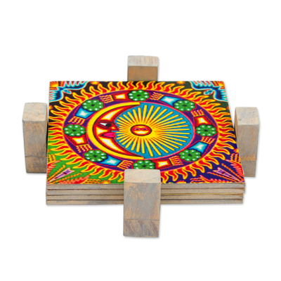 Four Decoupage Pinewood Mexican Sun and Moon Motif Coasters