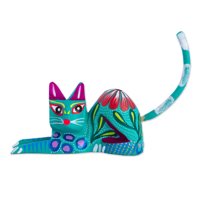 Copal Wood Alebrije Cat Sculpture in Teal from Mexico