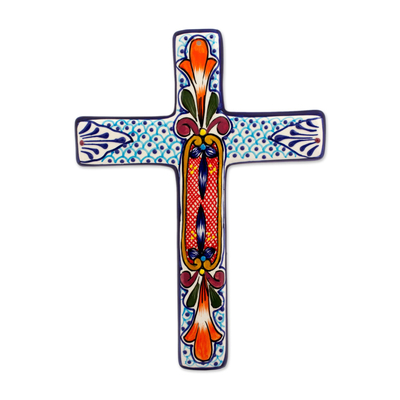 Hand Crafted Multicolored Ceramic Wall Cross From Mexico