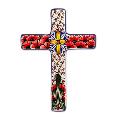 Multicolored Ceramic Mexican Wall Cross with Floral Motifs