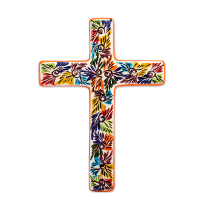 Artisan Crafted Multicolored Ceramic Wall Cross from Mexico