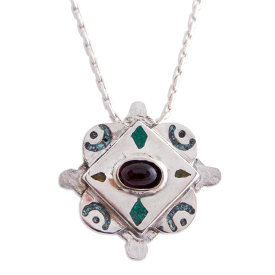 Garnet Malachite and 925 Silver Pendant Necklace from Mexico