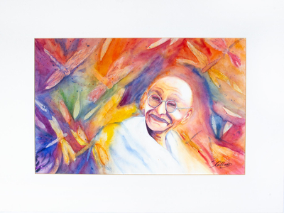 Colorful Signed Expressionist Painting of Gandhi from Mexico