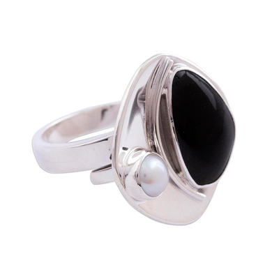 Obsidian and Cultured Pearl Cocktail Ring from Mexico