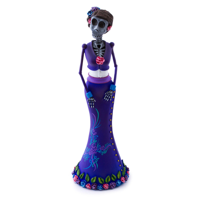 Hand Painted Ceramic Catrina Sculpture in Blue-Violet