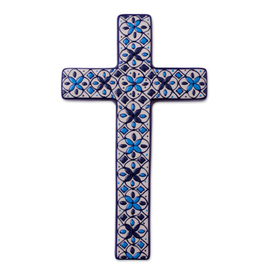 Hand Painted Ceramic Cross with Blue Floral Motifs