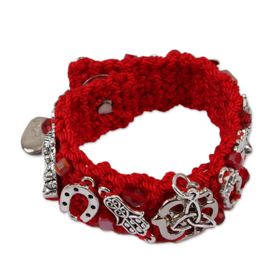 Unique Crocheted Red Gold Plated Heart Dragonfly Wristband Bracelet