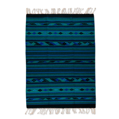 4x6.5 Handwoven Blue Geometric Wool Area Rug from Mexico