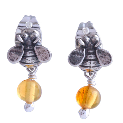 Sterling Silver Amber Honeybee Post Earrings Crafted Mexico