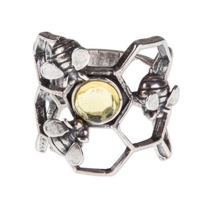 Amber and Sterling Silver Bee Cocktail Ring from Mexico