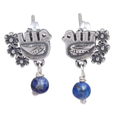 Floral Dove Lapis Lazuli Dangle Earrings from Mexico