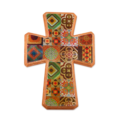 Handcrafted Decoupage Wall Cross with Puebla Tile Motifs
