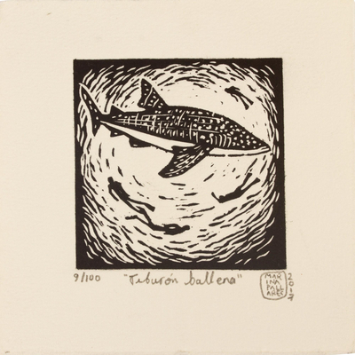 Signed 4-Inch Linoleum Block Print of a Whale Shark