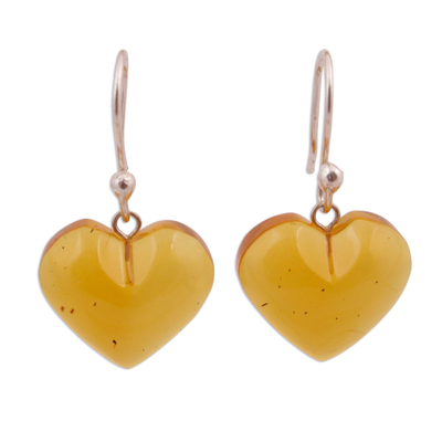 Mexican Sterling Silver and Amber Heart Dangle Earrings