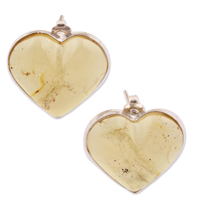 Mexican Yellow Amber Heart Shaped Sterling Silver Button Earrings