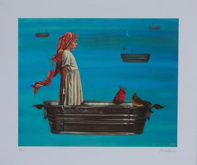 Signed Giclee Print of a Girl with Cardinals from Mexico
