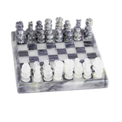 Mini Onyx and Marble Chess Set in Grey and Ivory
