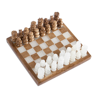 Onyx and Marble Mini Chess Set in Brown and Ivory (5 In)