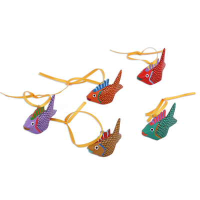 Painted Wood Alebrije Fish Ornaments (Set of 5) from Mexico