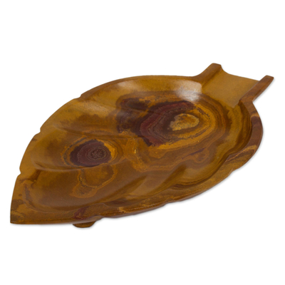 Handcrafted Leaf-Shaped Onyx Catchall in Brown from Mexico