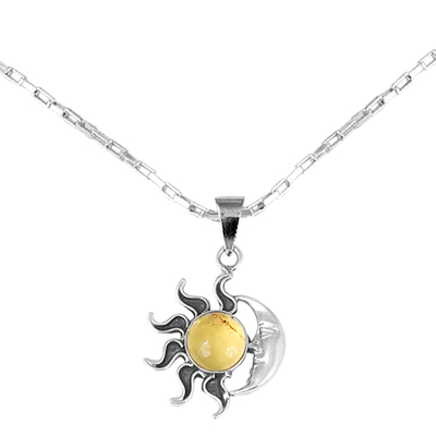 Artisan Crafted Sun and Moon Amber Pendant Necklace from Mexico