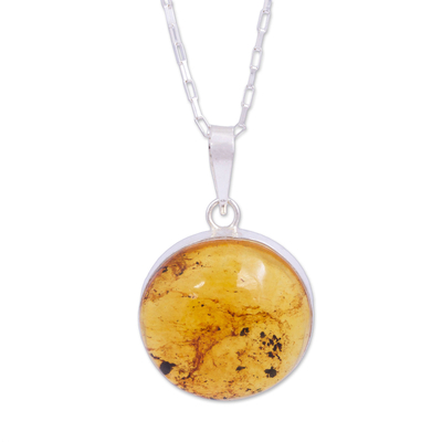 Circular Amber and Silver Pendant Necklace from Mexico