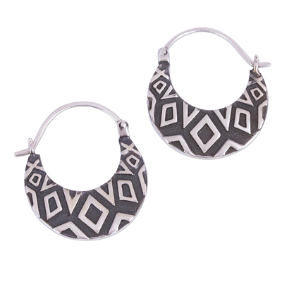 Diamond Motif Sterling Silver Hoop Earrings from Mexico
