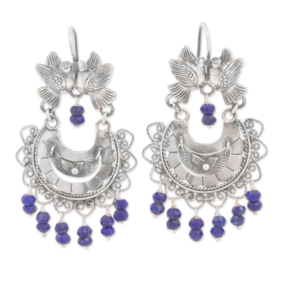 Bird-Themed Lapis Lazuli Chandelier Earrings from Mexico