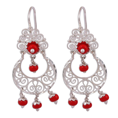 Red Glass Beaded Filigree Chandelier Earrings from Mexico