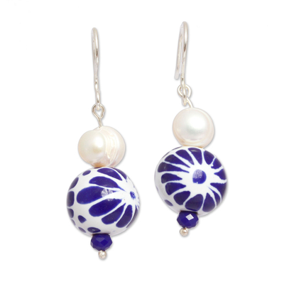 Cultured Pearl and Ceramic Puebla-Style Bead Dangle Earrings