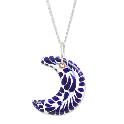 Ceramic Puebla-Style Blue Crescent Pendant Necklace