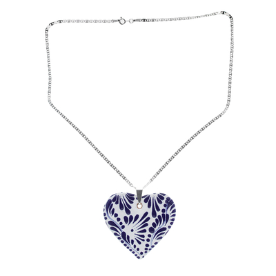 Ceramic Puebla-Style Blue Floral Heart Pendant Necklace