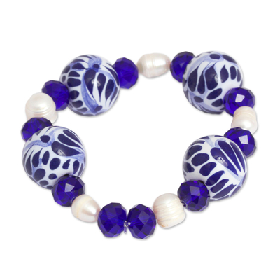 Cultured Pearl and Ceramic Puebla Bead Stretch Bracelet