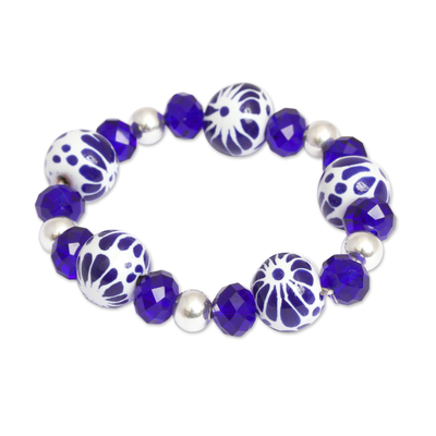 Ceramic Puebla Bead, Blue and Silver Stretch Bracelet